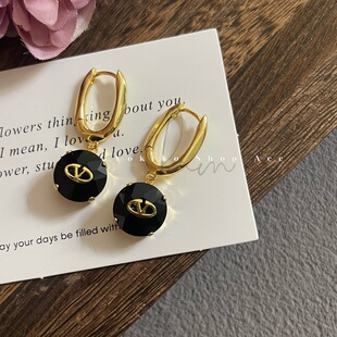 定制款轻奢高品质黑耀石水晶字母金属风欧美吊坠耳环