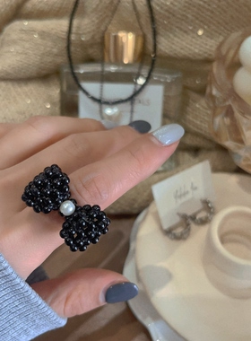 韩国进口新款黑色串珠弹力可爱蝴蝶结减龄食指戒指