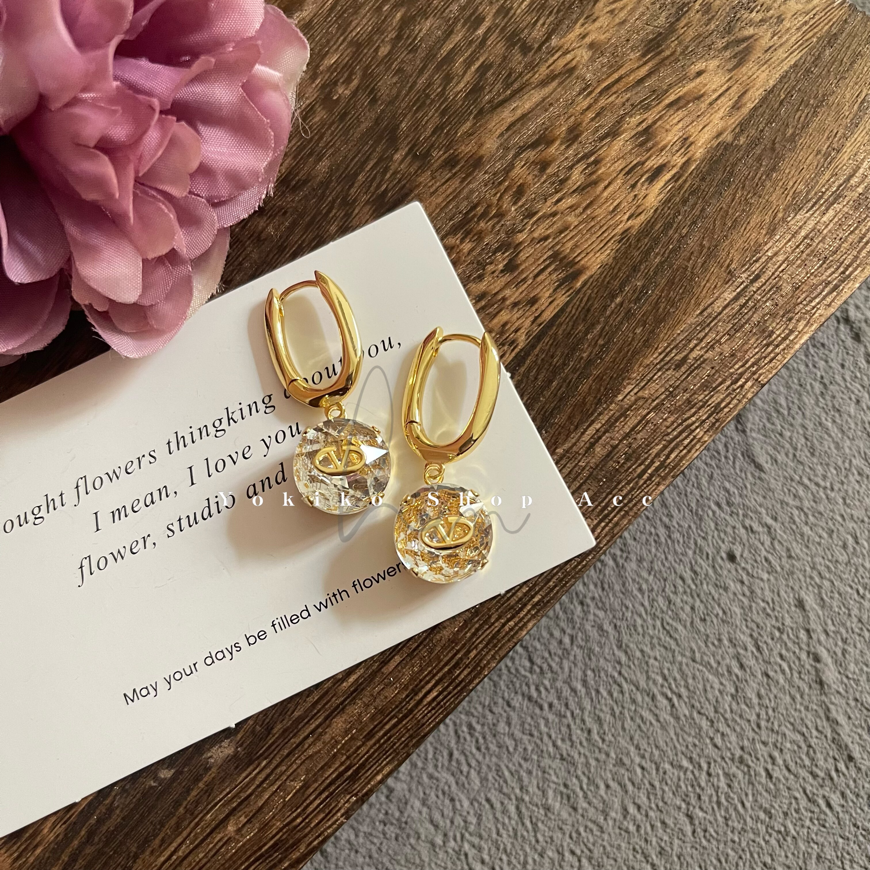 yokikoshop精致镶钻字母水晶金箔纹吊坠欧美风耳环女气质百搭耳扣