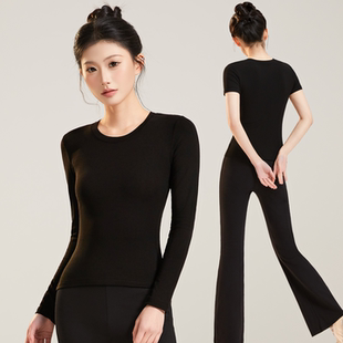 形体舞蹈练功服女日常可穿圆领V领黑色上衣棉质微喇现代舞蹈裤