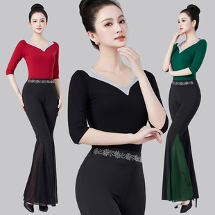新款烫钻形体训练服装女气质走秀导师礼仪培训广场舞舞蹈练功服
