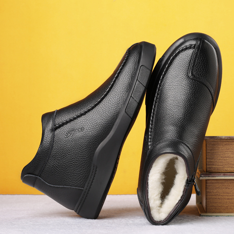 冬季头层牛皮羊毛男士棉鞋真皮加