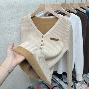 一体绒保暖内衣女士加厚加绒紧身上衣秋冬时尚外穿毛衣V领打底衫