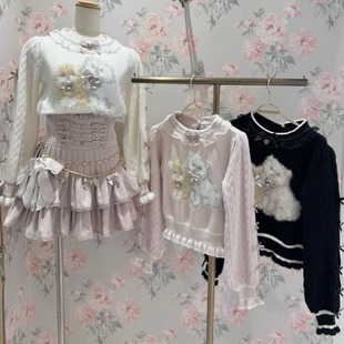 秋冬新款 甜美少女可爱猫咪提花蝴蝶结针织加厚保暖圆领毛衣女