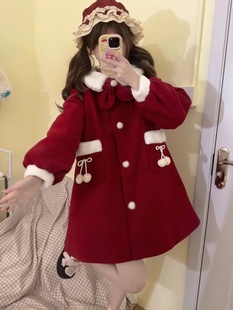 2023新款 加绒加厚毛呢外套圣诞红色日系百搭新年战袍大衣女 秋冬季