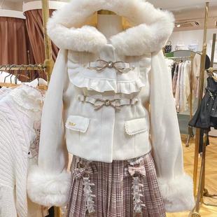 加厚毛呢大衣 甜美设计感蝴蝶结连帽外套爱心皮扣短款 2025冬季 法式