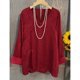 国风新中式大码女装盘扣开叉衬衫女2024新款宽松显瘦富贵款