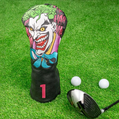 高品质黑色PU小丑刺绣木杆帽套Factory Headcover高尔夫球杆套