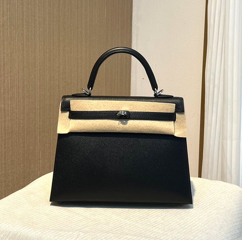 epsom皮黑色银扣全手工缝制KL凯莉包25CM高档女包女士手提包流行