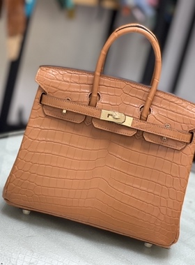 进口雾面哑光尼罗鳄鱼皮肚皮bk铂金包25手工缝制带锁轻奢金棕色H