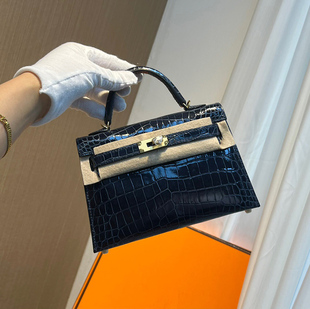 小包 宝蓝色高光亮面尼罗鳄鱼皮mini凯莉包女士小手提单肩斜挎夏季