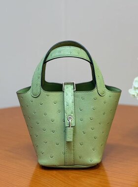 牛油果绿进口鸵鸟皮mini14菜篮子女包全手工缝女士小手提包带锁夏