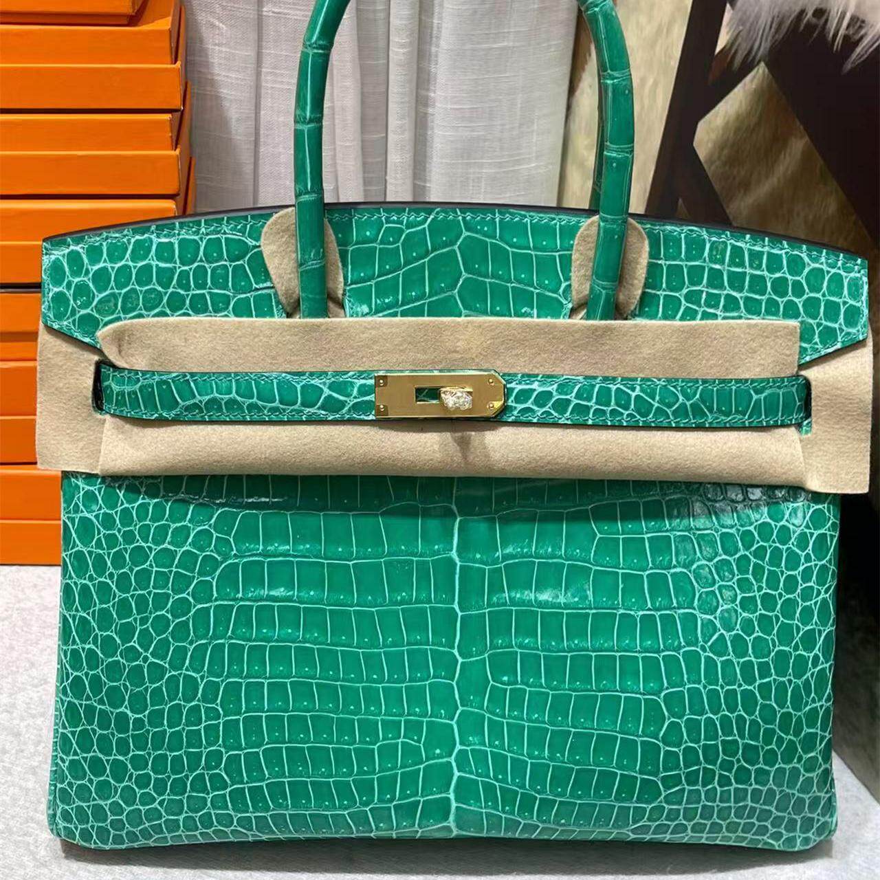 帝王绿HCP进口倒V湾鳄鳄鱼皮亮面全手工缝制BK铂金包30CM女士手提