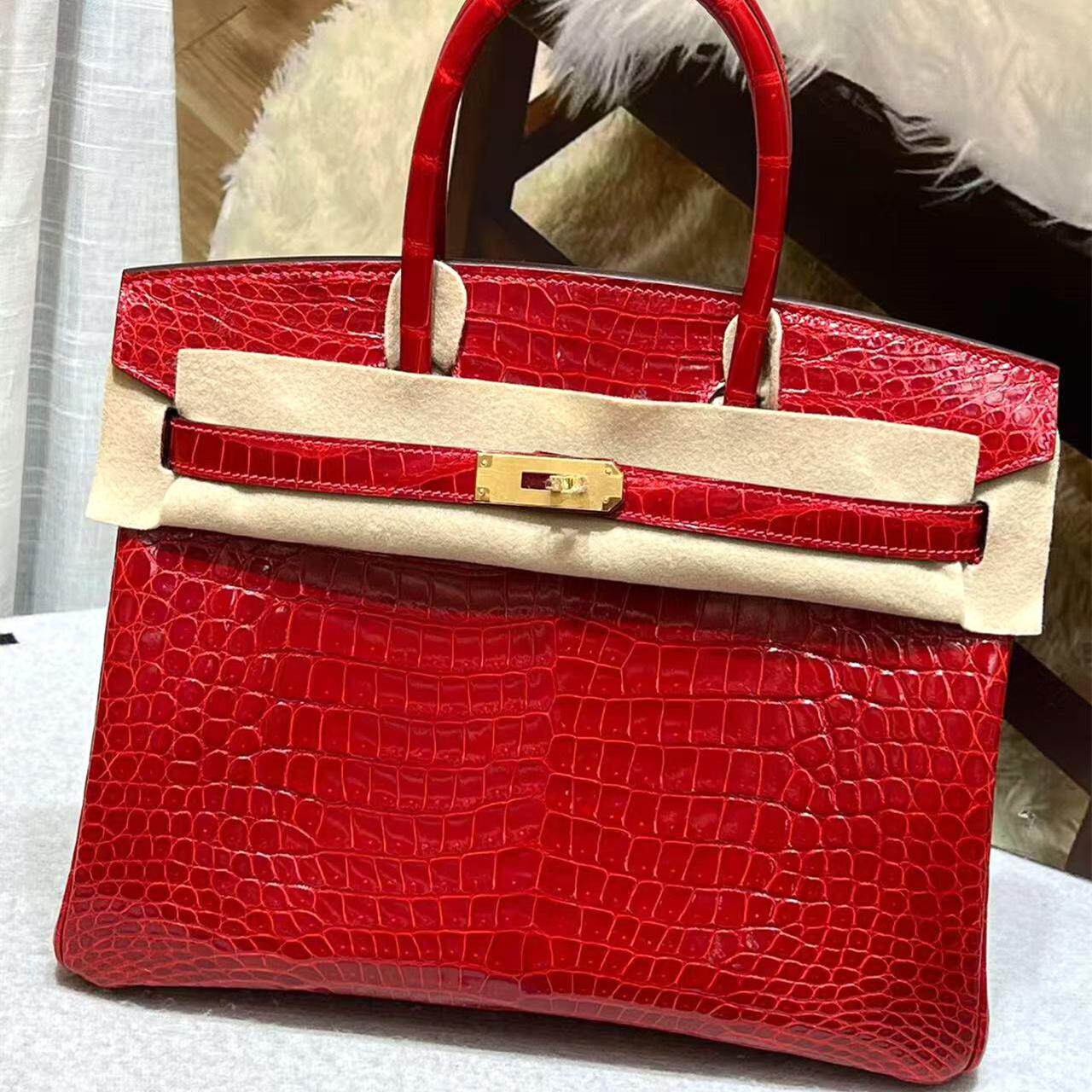 高定进口HCP倒V湾鳄鳄鱼皮铂金包30CM纯手缝手提包女包红色亮面
