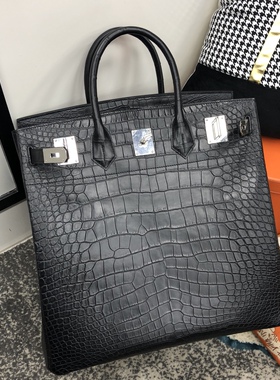 雾面鳄鱼皮肚皮铂金手提包带锁皮包欧美时尚加高版40黑色拳王包