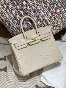 方块进口雾面美洲鳄鱼皮冰川白BK铂金包25CM女士手提包全手工缝