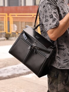 凯莉lakis35手提女包女士2022新款 黑色box皮大象灰内里高档牛皮