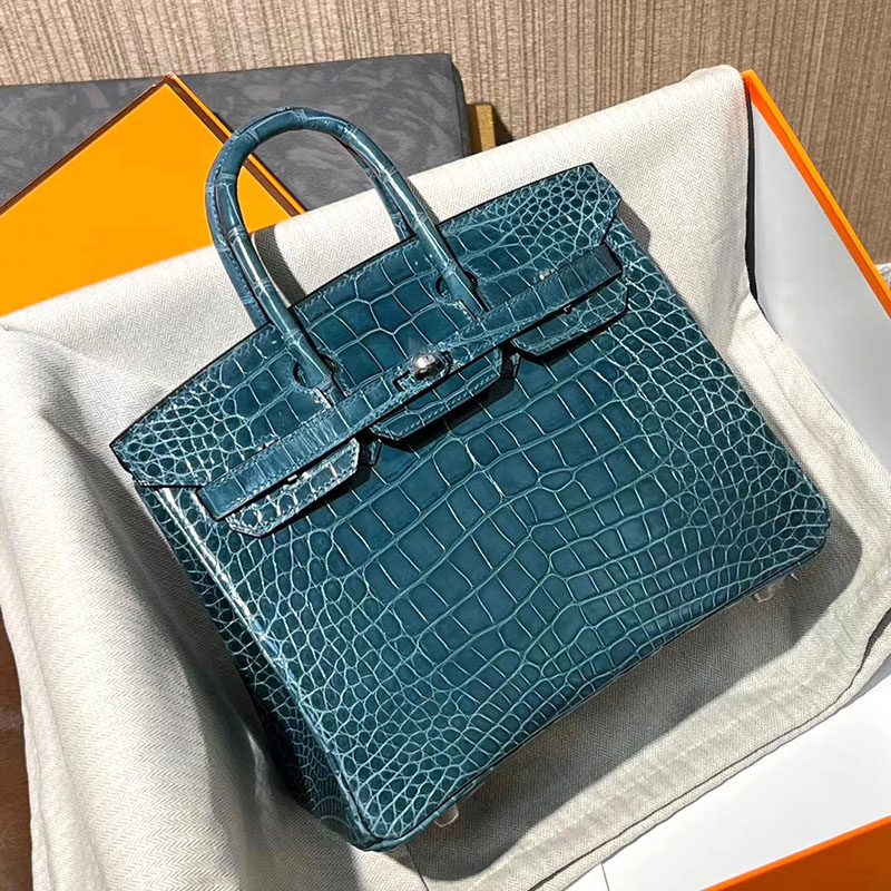 鸭子蓝高光美洲鳄鱼皮BK铂金包25CM全手工包奢侈品女包带锁高档
