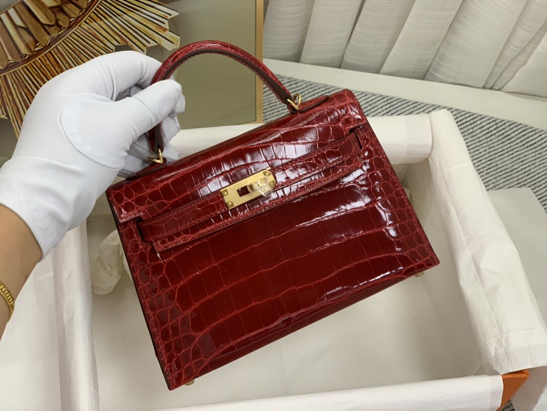 亮面高光凯莉19二代mini鳄鱼皮肚皮女士小手提包单肩斜挎红色皮包