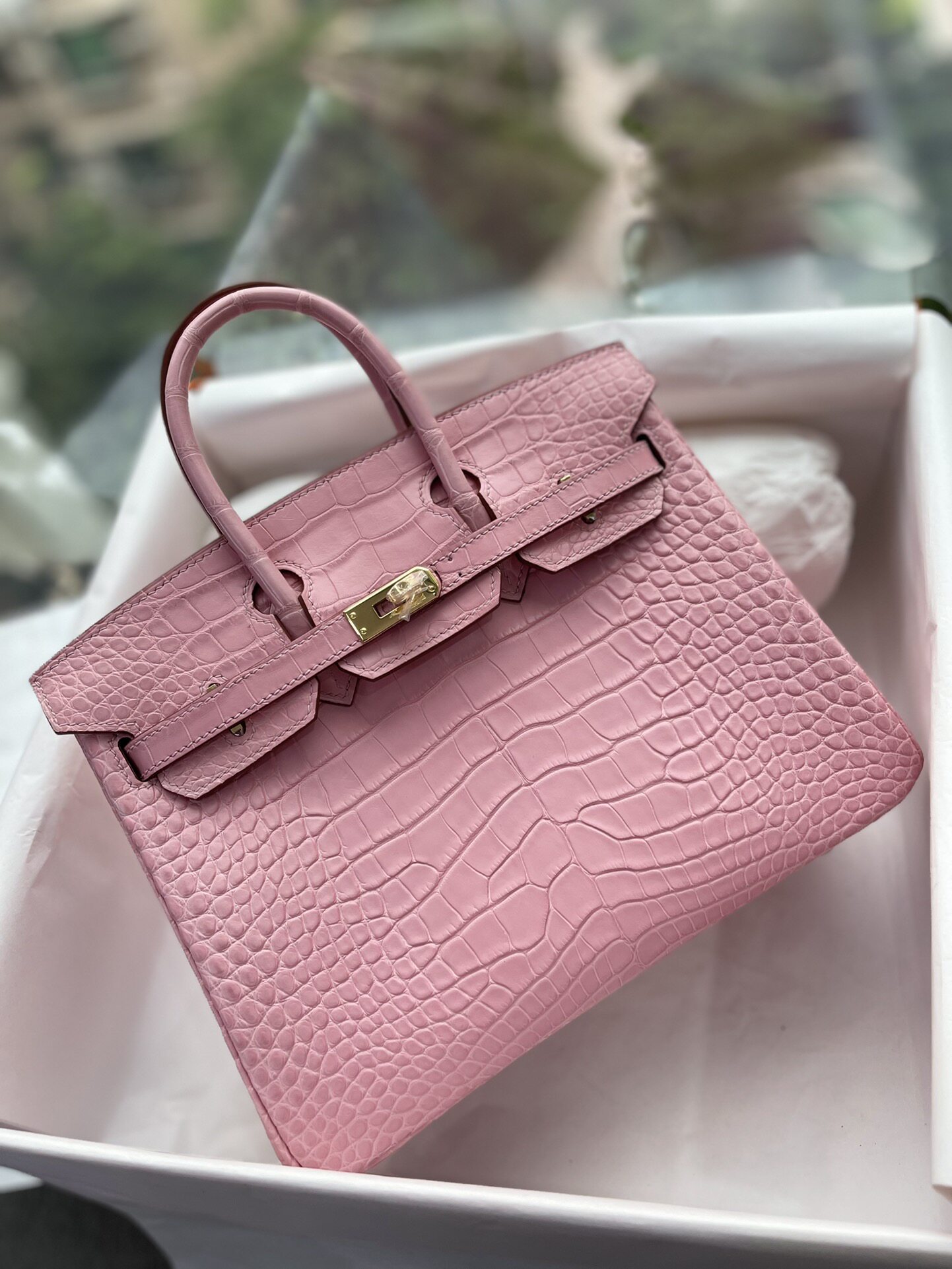 雾面美洲鳄鱼皮肚皮bk铂金包25女士手提包高档奢侈女包带锁粉色