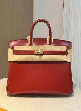 BOX皮红色女士手提包全手工缝制高档女包带锁金扣H家铂金包25CM