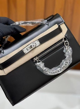 BOX皮摇滚黑色银扣迷你mini凯莉一代女士手拿包晚宴包手工缝链条