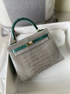 手缝进口高光美洲鳄鱼皮肚皮拼色凯莉25cm女包手缝腊线女士手提包