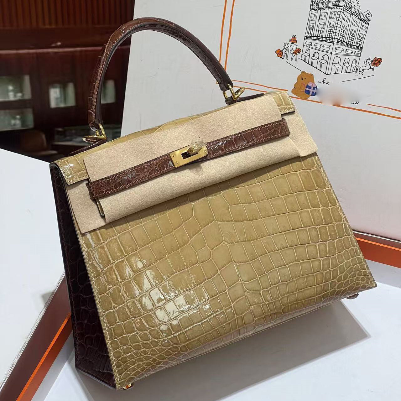 进口原厂尼罗鳄鱼皮高光全手工外缝女士手提包KL凯莉包拼色女包