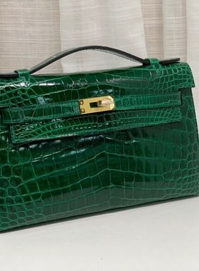凯莉一代绿色高光鳄鱼皮肚皮女士小号手提手拿晚宴包高档奢侈