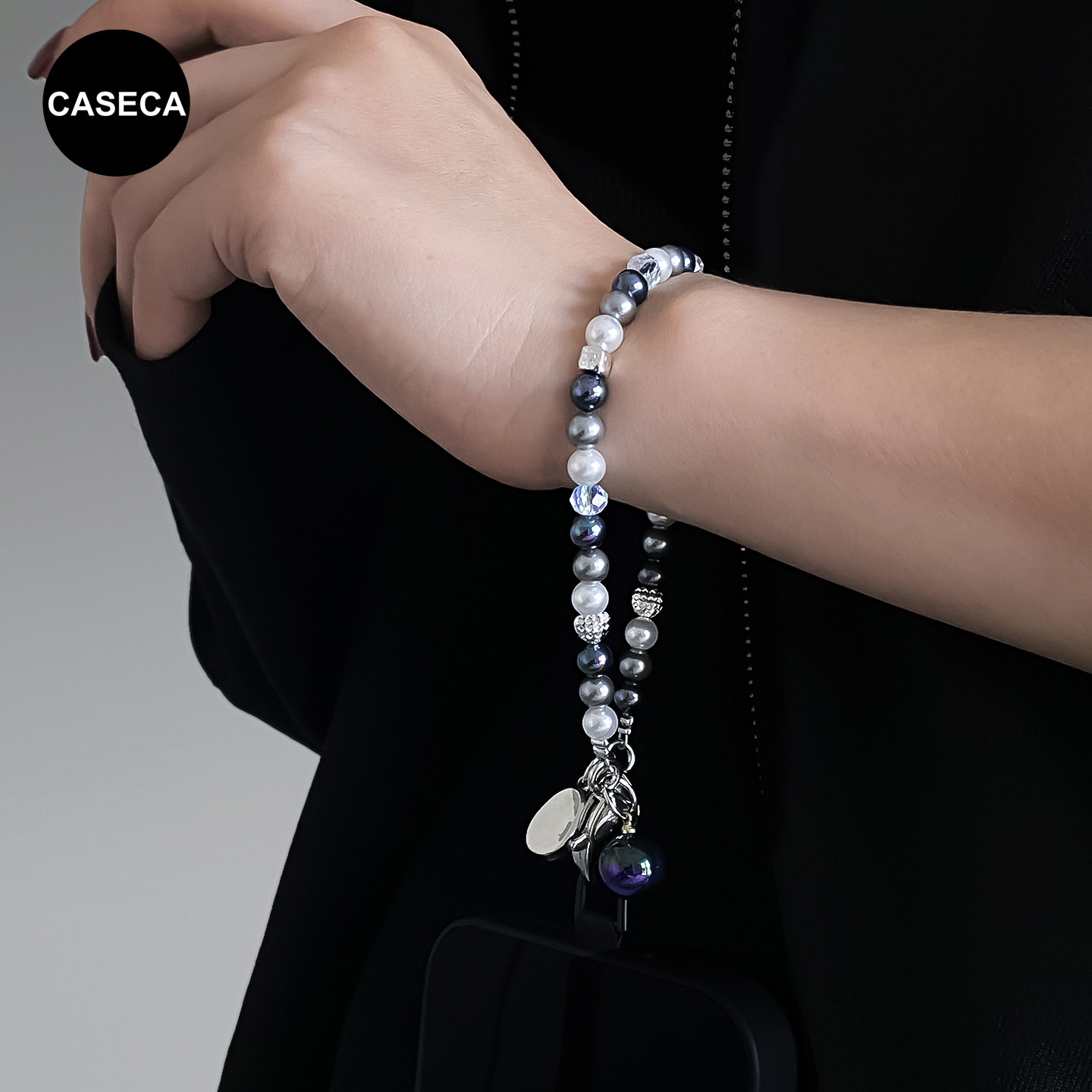 珍珠手机链手腕水晶高级感轻奢小众双扣女士串珠挂绳带垫片