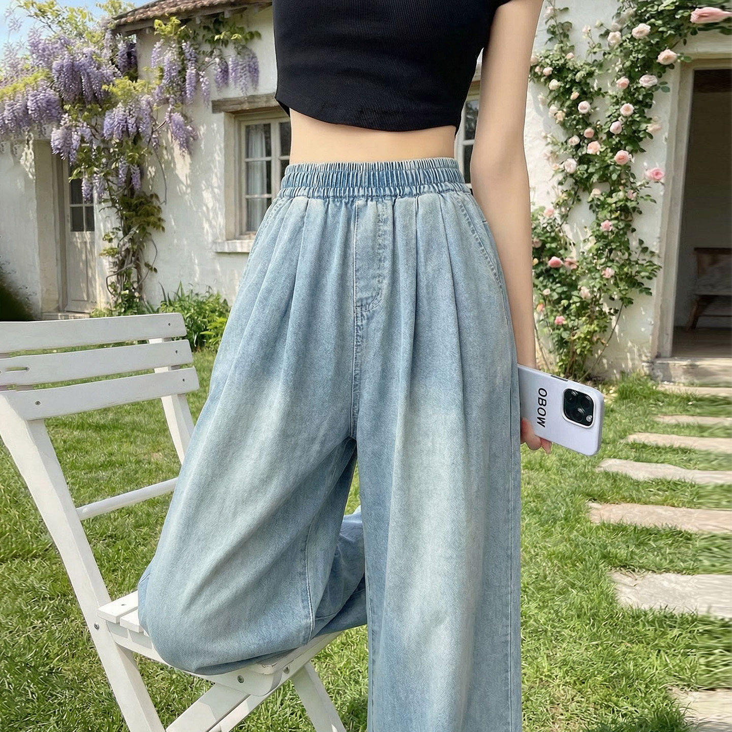 浅色牛仔裤女春夏薄款2026新款直筒小个子胖mm大码宽松阔腿裤