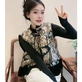 新中式国风气质复古时尚盘扣马甲洋气宽松显瘦提花刺绣外套上衣女