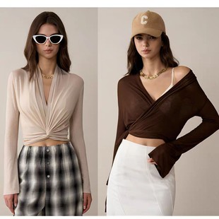 透气健身服休闲百搭 设计交叉绑带运动罩衫 喇叭袖 瑜伽服女亲肤修身