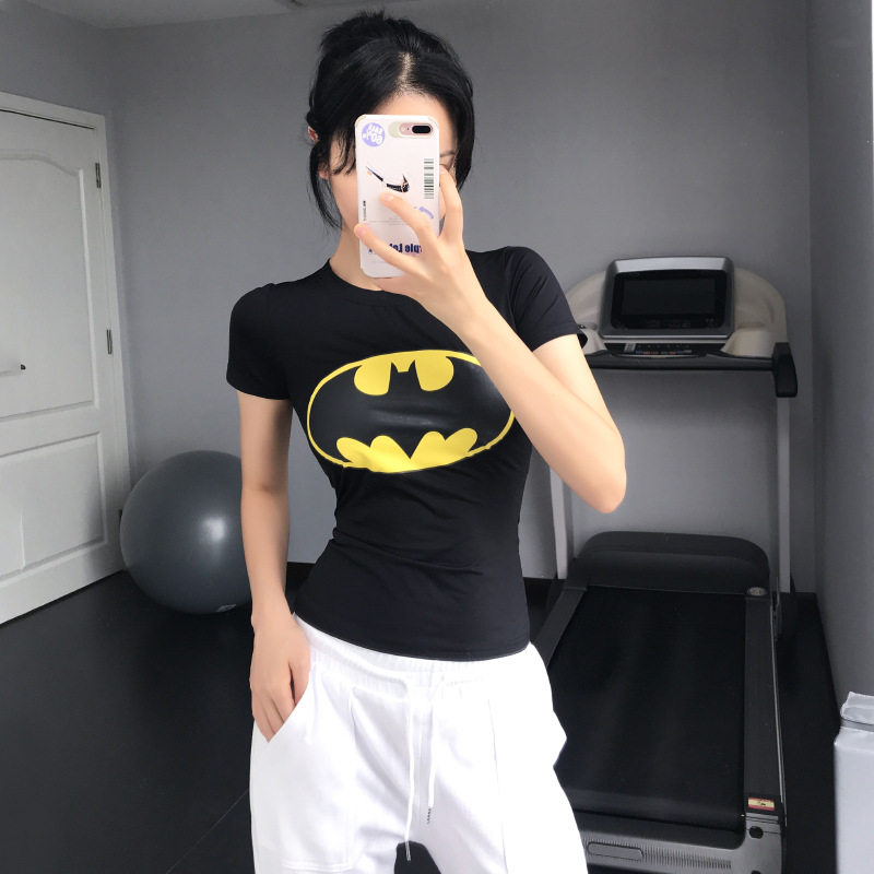 2025蝙蝠超人紧身衣女美国队长运动健身服瑜伽训练弹力紧身短袖女