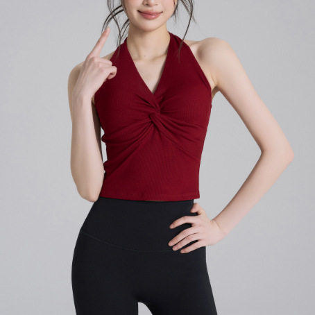 2025跨境跑步健身文胸性感V领挂脖瑜伽背心女固定杯美背防震运动