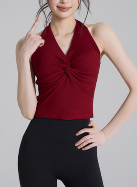 2025跨境跑步健身文胸性感V领挂脖瑜伽背心女固定杯美背防震运动