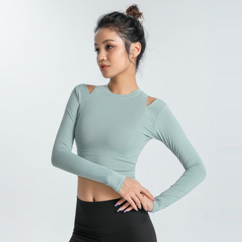 2025欧美露脐运动长袖女弹力显瘦
