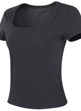 2025跨境普拉提训练T恤短袖女夏弹力显瘦运动上衣方领修身健身瑜