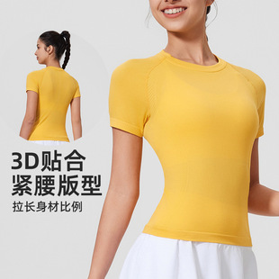 瑜伽上衣 愈佳无缝一体织肌理感圆领运动训练健身紧身透气显瘦短袖