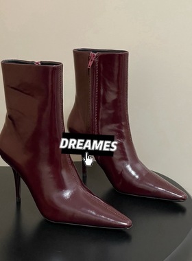 2025新款牛皮尖头细跟短靴女靴时装靴走秀款女鞋高跟鞋商务靴包邮