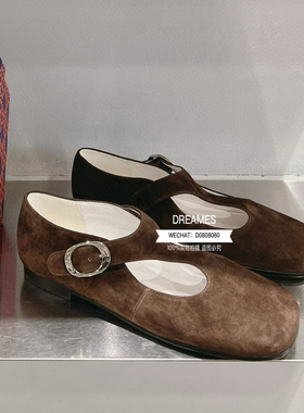 欧洲站2024春夏新款头层牛皮磨砂皮圆头一字带平跟单鞋玛丽珍女鞋