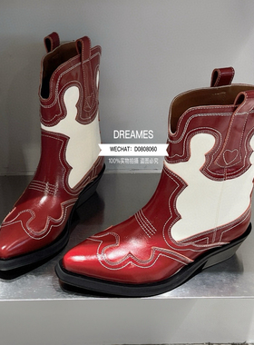 欧洲站2024秋冬新款头层牛皮靴子西部靴刺绣裸靴方头牛仔靴包邮女