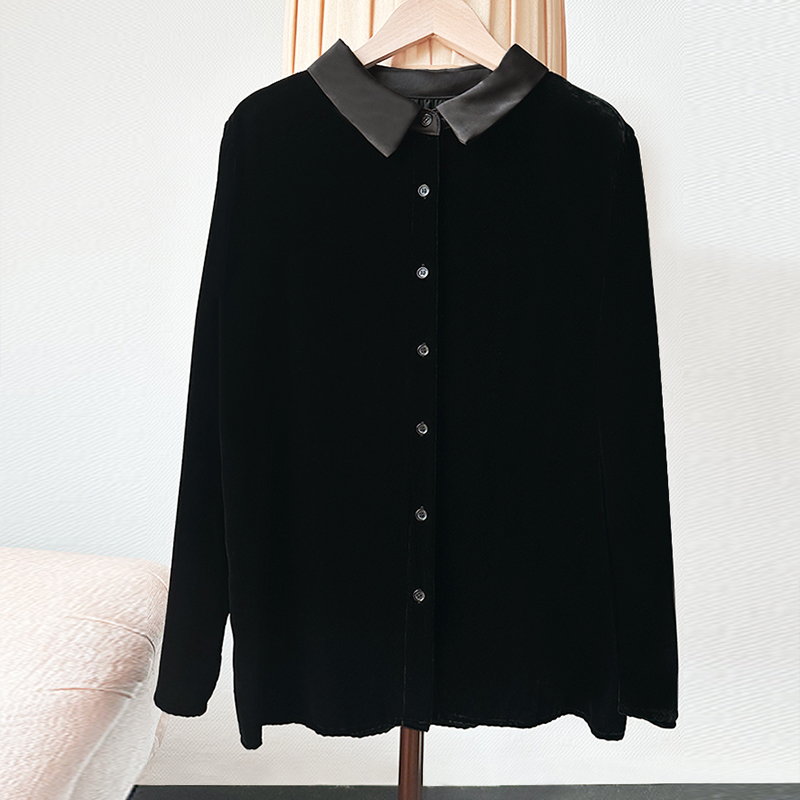 100桑蚕丝丝绒衬衣女前后两穿轻奢时尚真丝绒拼接翻领衬衫