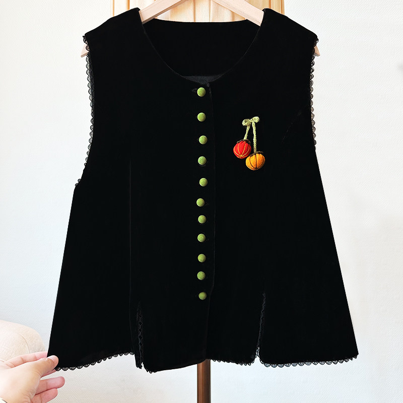 100桑蚕丝丝绒马甲女复古拼接宽松休闲优雅显瘦真丝绒坎肩