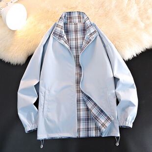春秋双面穿格子外套男休闲潮牌美式复古高街防风痞帅正反两穿夹克