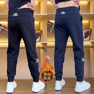 百搭加绒加厚束脚休闲裤 时尚 男士 修身 秋冬季 潮流拼接运动卫裤 新款