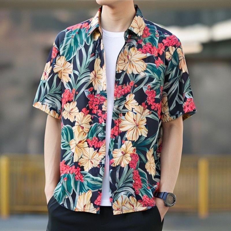 夏季农商复古花纹短袖衬衣男透气夏威夷度假宽松防晒痞帅花衬衫男
