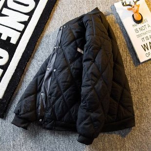 夹克高级感加厚保暖棒球服外套 日系复古工装 菱形格棉服男士 秋冬季