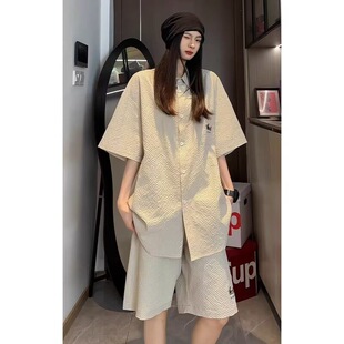 松紧五分裤 泡泡纱刺绣腊肠狗休闲两件套夏季 套装 薄外套短袖 子 衬衫
