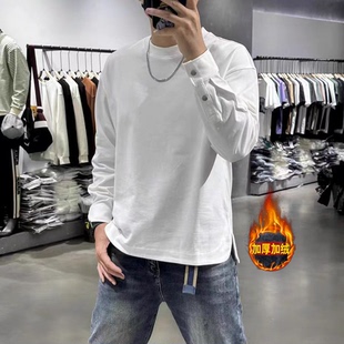 口上衣男款 男士 t恤套头纽扣袖 内搭开衩长袖 秋冬纯色加绒卫衣修身